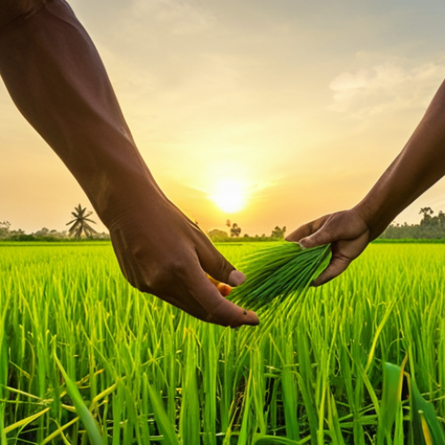 **Image Prompt:** A lush rice paddy field at sunset in Thailand. Farmers are inspecting vibrant green rice stalks. In the foreground, focus on hands carefully selecting the best rice seeds for the next planting season. Golden light. Depict a blend of traditional farming practices with modern high-yield seed varieties.