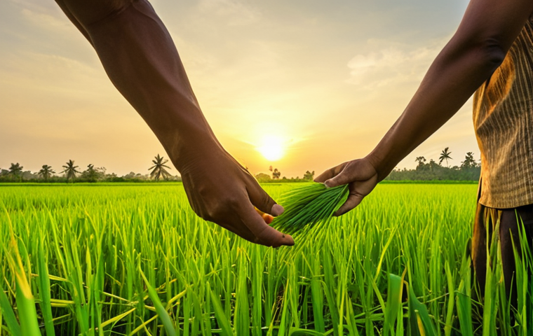 **Image Prompt:** A lush rice paddy field at sunset in Thailand. Farmers are inspecting vibrant green rice stalks. In the foreground, focus on hands carefully selecting the best rice seeds for the next planting season. Golden light. Depict a blend of traditional farming practices with modern high-yield seed varieties.
