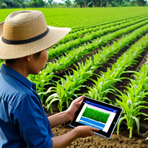 **Smart Farm Management with IoT:** A modern Thai farm showcasing IoT technology: soil moisture sensors, a drone surveying crops, and a farmer using a tablet to monitor data. The scene should convey efficiency and technology.