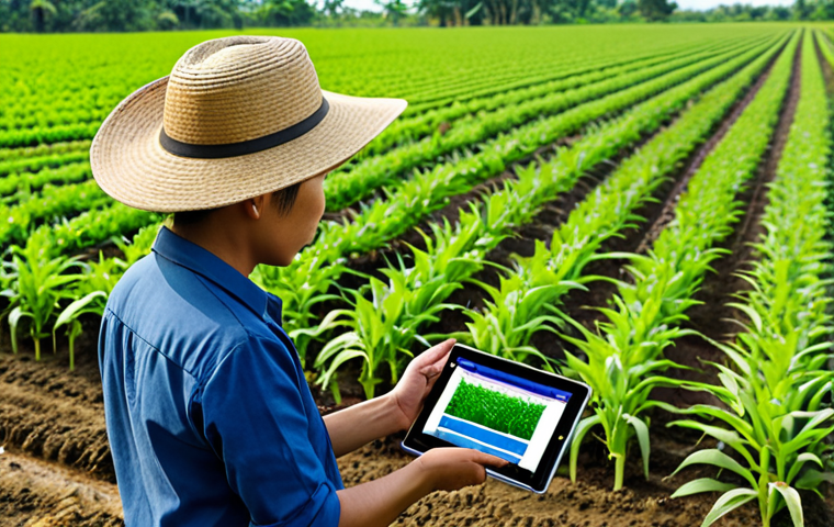 **Smart Farm Management with IoT:** A modern Thai farm showcasing IoT technology: soil moisture sensors, a drone surveying crops, and a farmer using a tablet to monitor data. The scene should convey efficiency and technology.