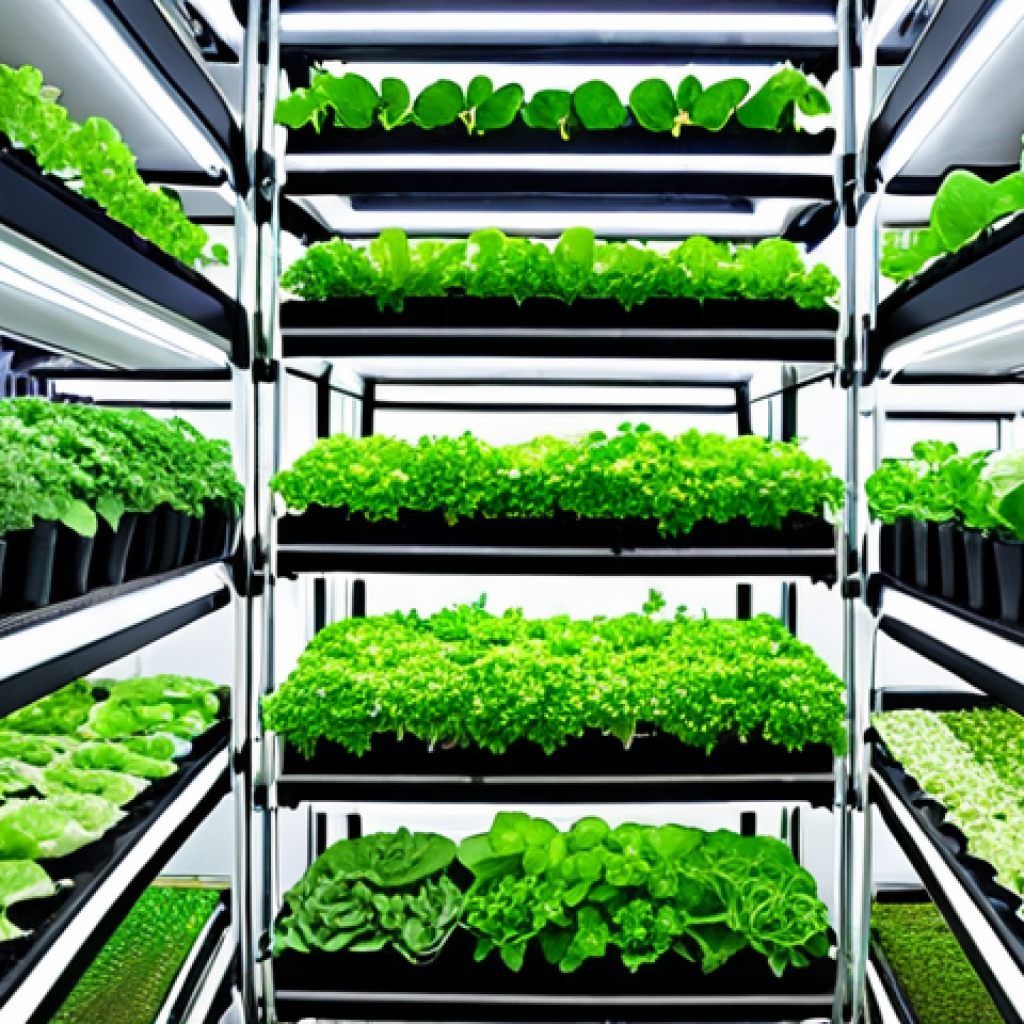 **Vertical Farm in Bangkok:** A vibrant, multi-level vertical farm built into a modern Bangkok skyscraper. Lush green vegetables and herbs thriving under LED grow lights. Include details of hydroponics and aquaponics systems. (Focus: Urban farming, technology, Thailand)