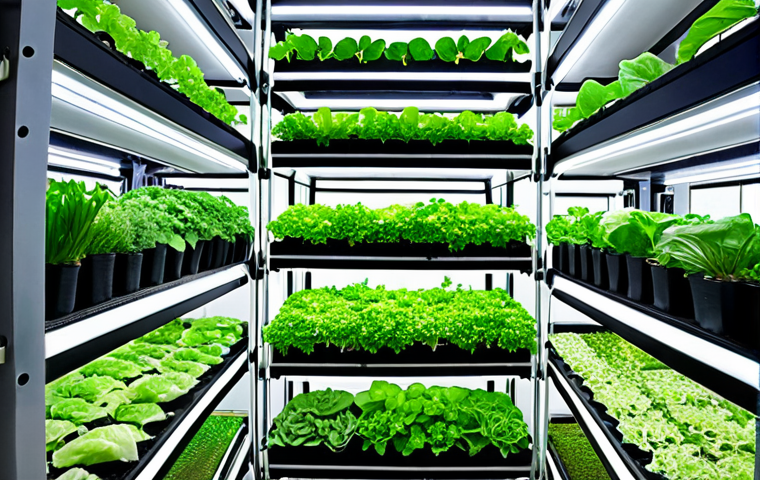 **Vertical Farm in Bangkok:** A vibrant, multi-level vertical farm built into a modern Bangkok skyscraper. Lush green vegetables and herbs thriving under LED grow lights. Include details of hydroponics and aquaponics systems. (Focus: Urban farming, technology, Thailand)