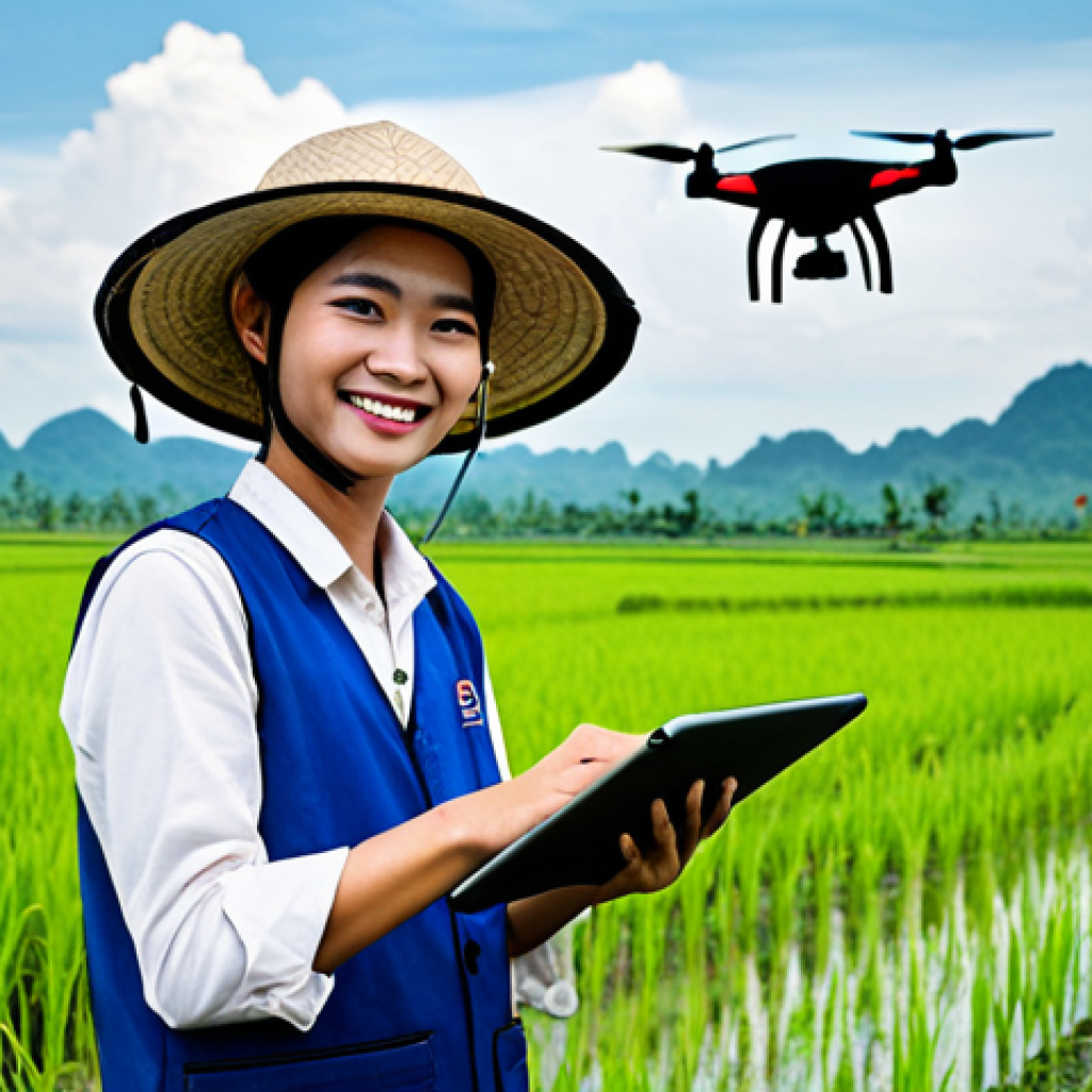 Modern Thai Farmer**

A young, Thai farmer, fully clothed in work clothes and a traditional hat, smiles confidently while holding a tablet in a rice field. Drones are flying overhead, surveying the land. Background features lush green rice paddies under a bright sky. Perfect anatomy, correct proportions, professional, family-friendly, safe for work, appropriate content.

**