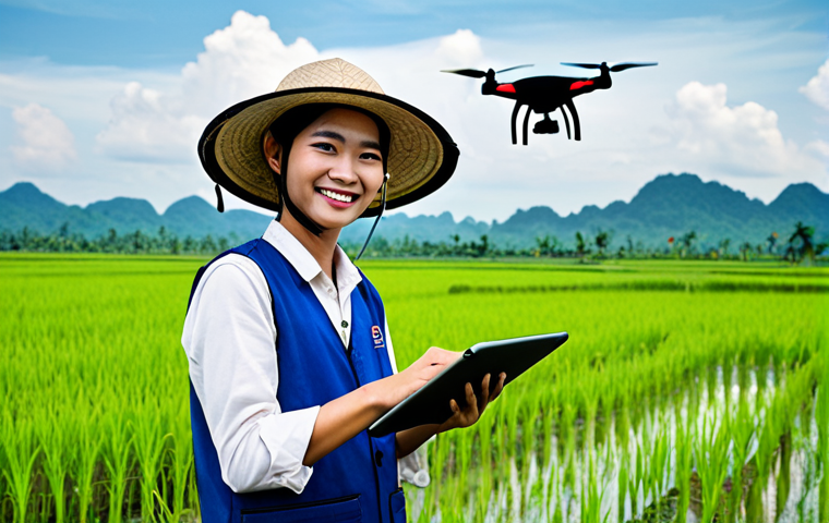 Modern Thai Farmer**

A young, Thai farmer, fully clothed in work clothes and a traditional hat, smiles confidently while holding a tablet in a rice field. Drones are flying overhead, surveying the land. Background features lush green rice paddies under a bright sky. Perfect anatomy, correct proportions, professional, family-friendly, safe for work, appropriate content.

**