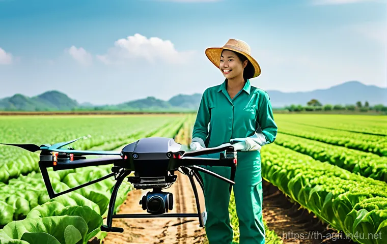 농업 드론 항공사진 분석 - **Prompt:** A high-tech agricultural drone with thermal and multispectral sensors carefully hovers a...