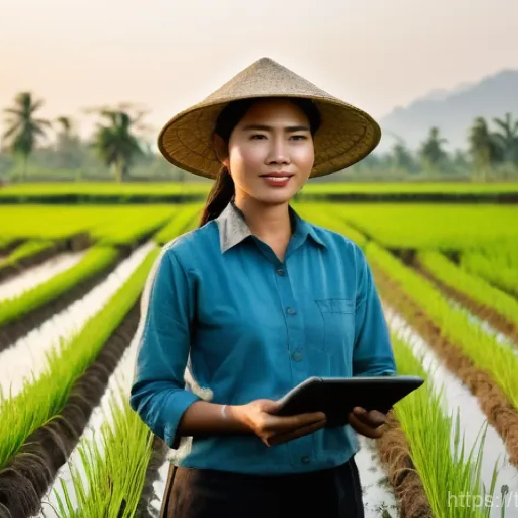 농업 데이터 마이닝 사례 - **Prompt:** A vibrant, sun-drenched Thai rice paddy field at golden hour. In the foreground, a dilig...