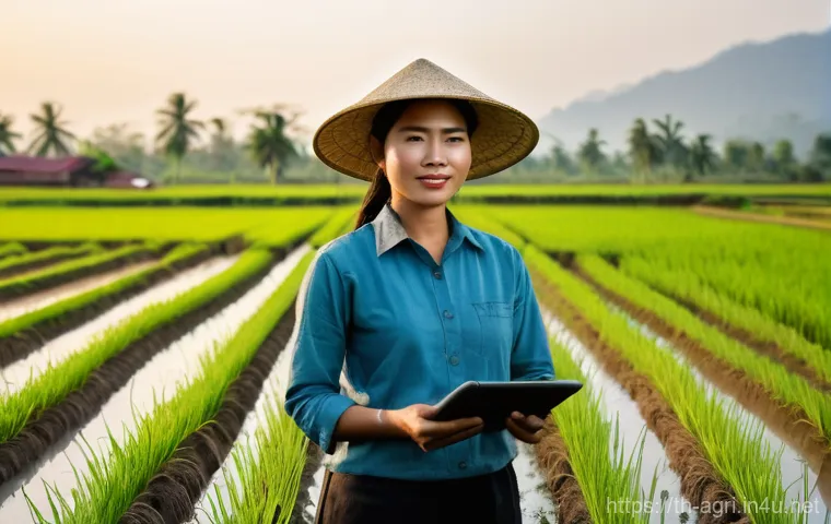 농업 데이터 마이닝 사례 - **Prompt:** A vibrant, sun-drenched Thai rice paddy field at golden hour. In the foreground, a dilig...