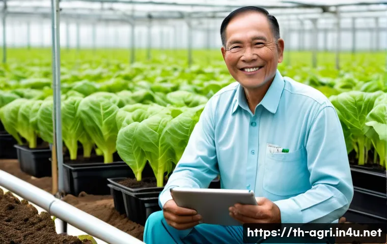 스마트팜 기술 - **Prompt 1: The Modern Thai Farmer's Ease**
"A serene, middle-aged Thai farmer (male or female) ...