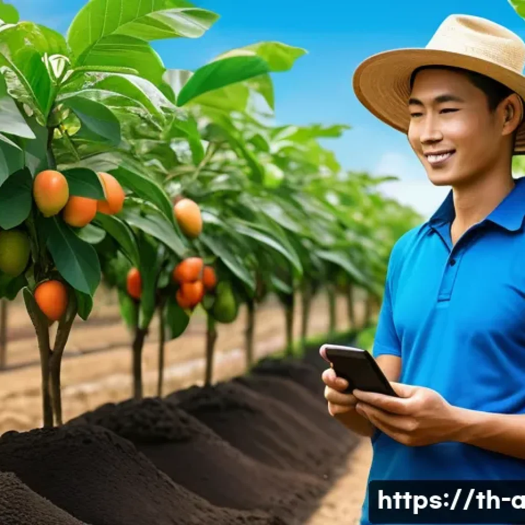 농업 스마트 팜 구축 사례 - A modern smart farm in Thailand featuring a lush fruit orchard with advanced soil sensors visibly in...