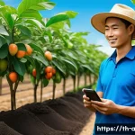 Home 20 농업 스마트 팜 구축 사례 - A modern smart farm in Thailand featuring a lush fruit orchard with advanced soil sensors visibly in...