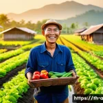 Home 19 농업 온라인 마케팅 - A vibrant Thai farm scene during golden hour, showcasing a local farmer in casual but modest clothin...