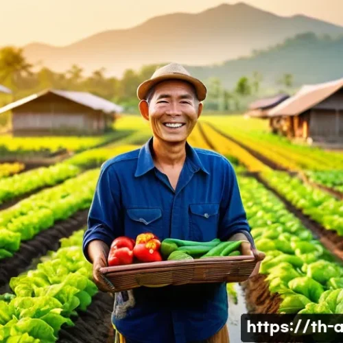 Home 31 농업 온라인 마케팅 - A vibrant Thai farm scene during golden hour, showcasing a local farmer in casual but modest clothin...