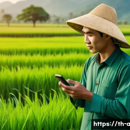 Home 17 농업 시장 조사 방법 - A modern rural Thai farmer using a smartphone app in a lush green rice field during golden hour, cap...