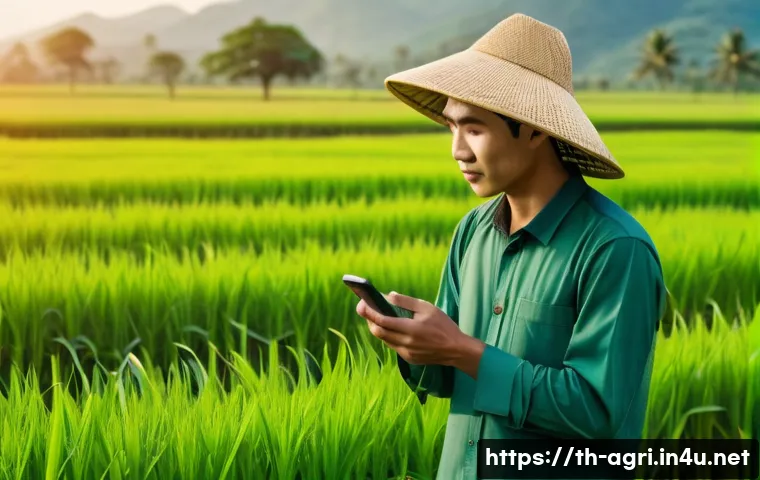 농업 시장 조사 방법 - A modern rural Thai farmer using a smartphone app in a lush green rice field during golden hour, cap...