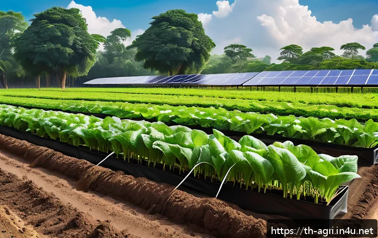 농업 스마트 공장 시스템 - A modern Thai smart farm scene during daytime, showcasing advanced soil and water sensors inserted i...