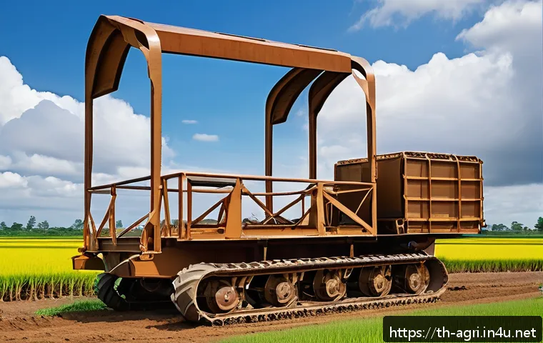 농업 기계 디자인 원리 - A detailed close-up of an agricultural machine’s main steel frame designed for Thai farming conditio...