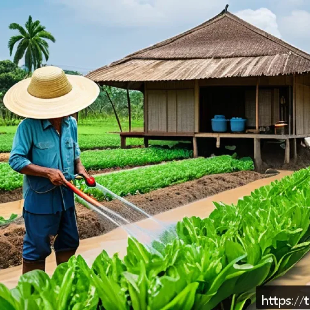 농업 재해 관리 - A detailed agricultural scene in a rural Thai village featuring a farmer using a smart irrigation sy...