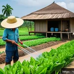 Home 23 농업 재해 관리 - A detailed agricultural scene in a rural Thai village featuring a farmer using a smart irrigation sy...