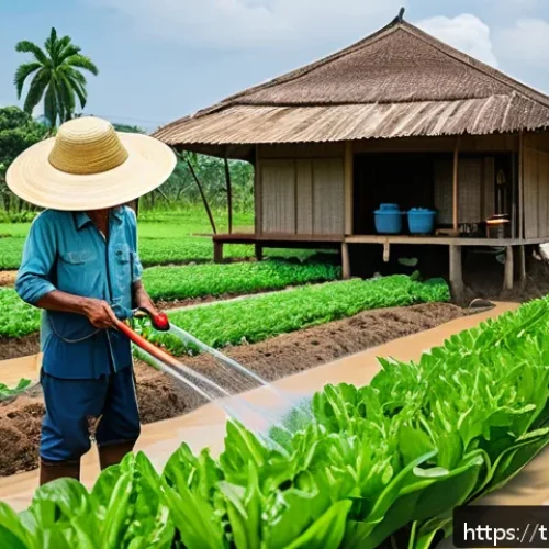 Home 17 농업 재해 관리 - A detailed agricultural scene in a rural Thai village featuring a farmer using a smart irrigation sy...