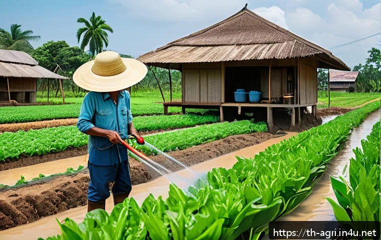 농업 재해 관리 - A detailed agricultural scene in a rural Thai village featuring a farmer using a smart irrigation sy...