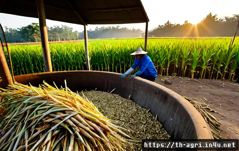 Home 17 농업 바이오매스 활용 - Photorealistic rural Thailand sugarcane farm at golden morning, harvested sugarcane stalks feeding i...