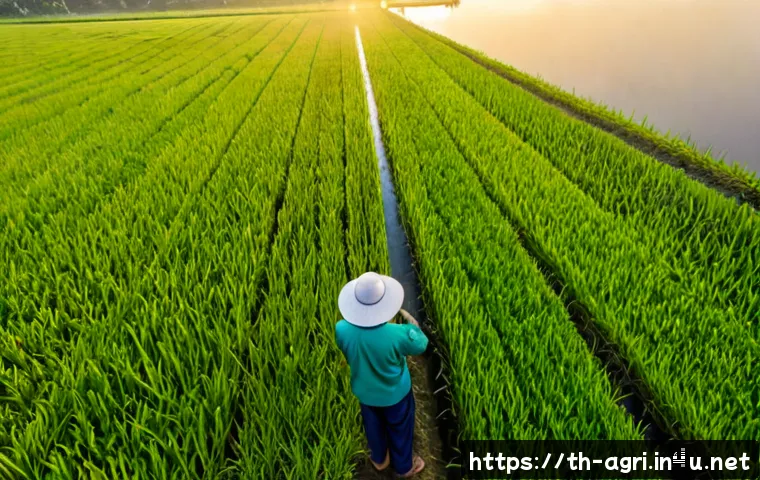 Home 17 농업 원격 감지 기술 연구 - Photorealistic aerial view of a Thai rice field at sunrise, a compact agricultural drone surveying n...